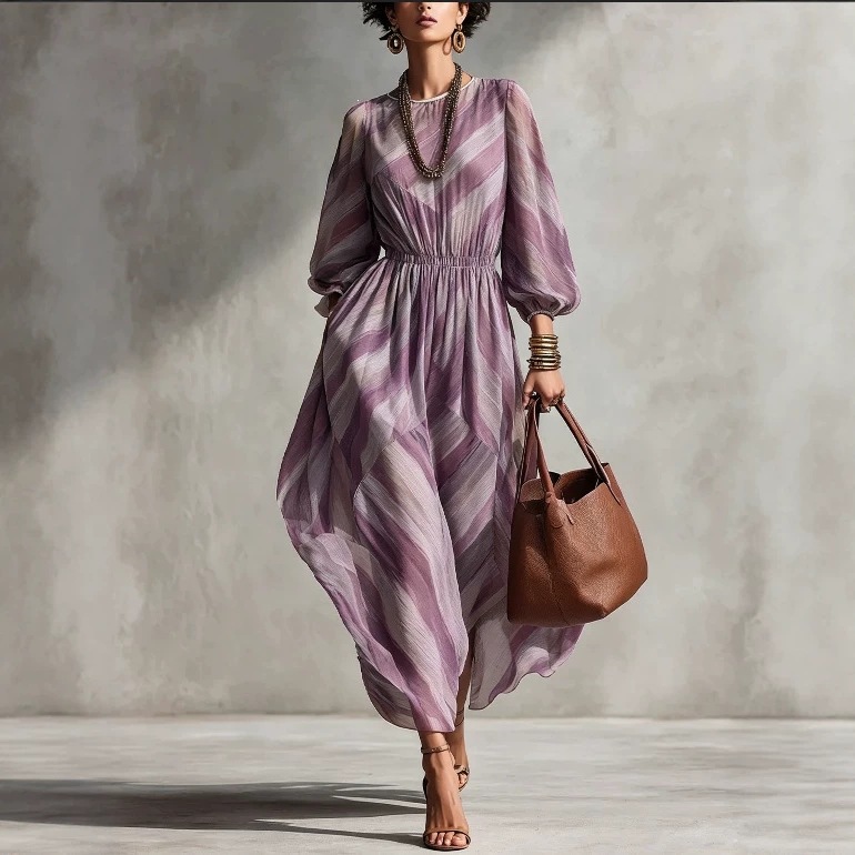 Twill Print Lantern Sleeve Maxi Dress Waist-Cinched Women's Vacation Dress
