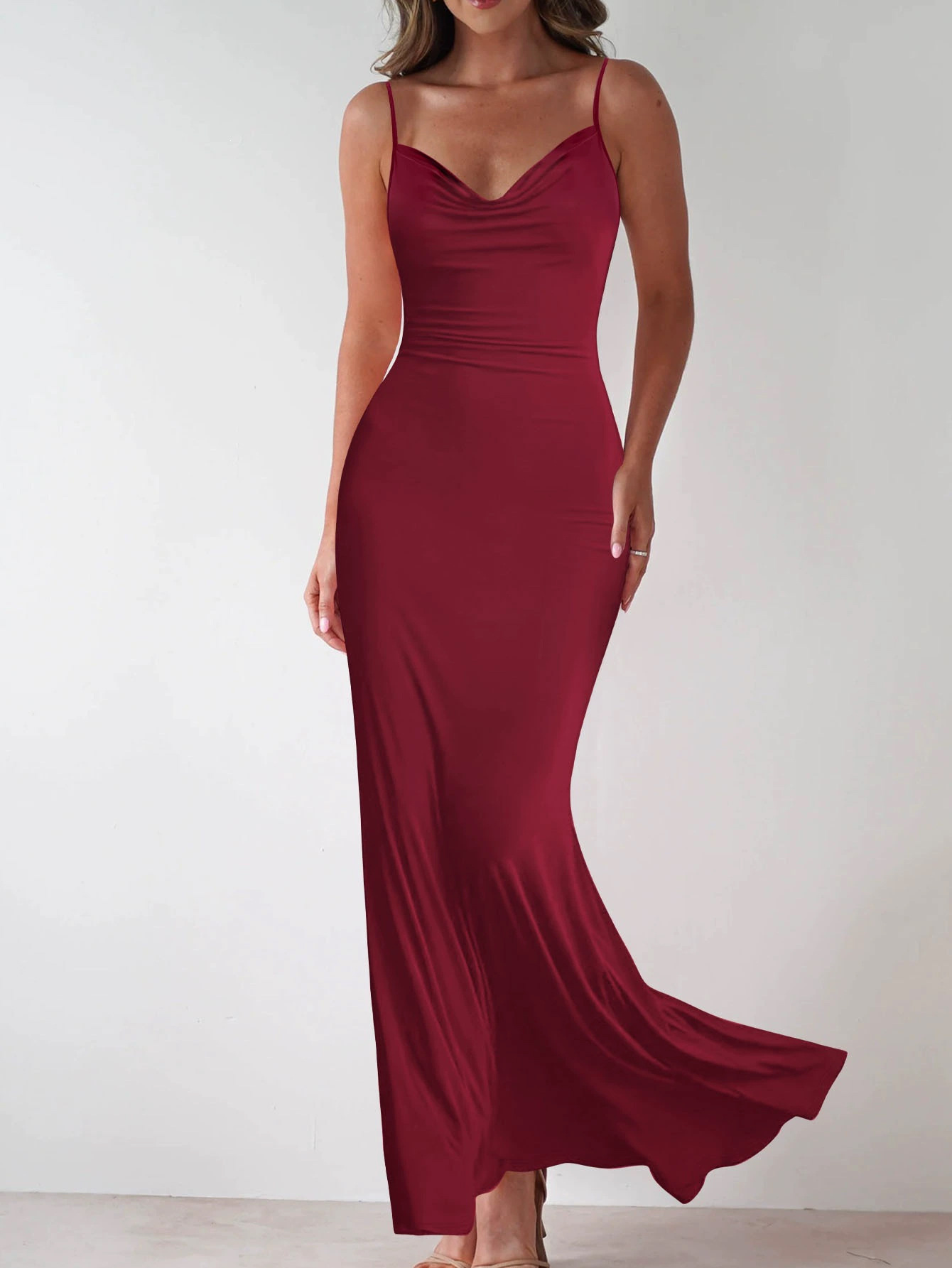 Summer Cowl Neck Sleeveless Bodycon Mermaid Midi Dress Solid Color
