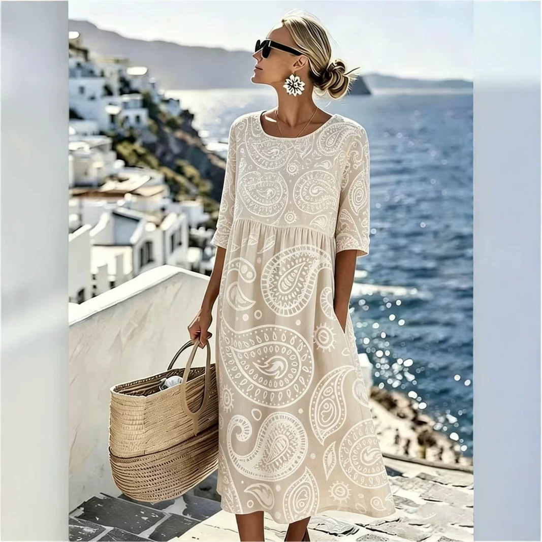 Women's Boho Vacation Print Ruched Midi Dress