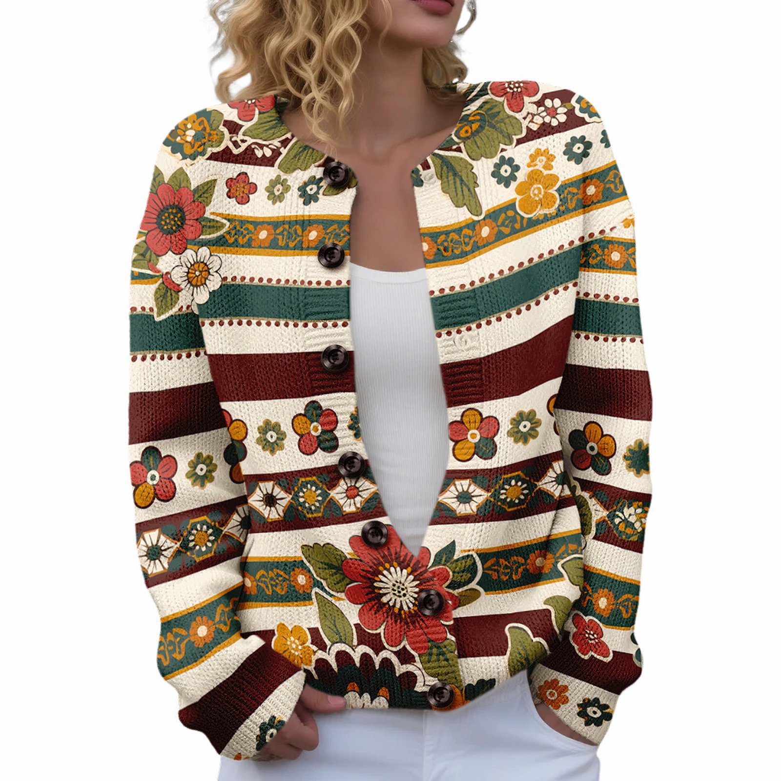 Women's Floral Maple Leaf Print Button Cardigan