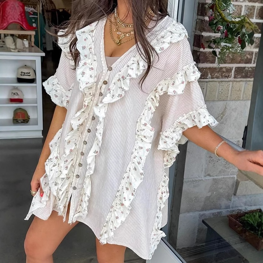 V-Neck Short Sleeve Digital Print Patchwork Dress Shirt