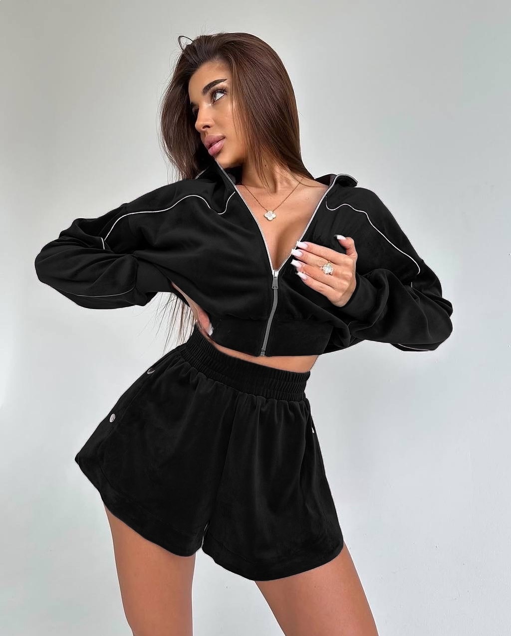 Velvet Zip-Up Cardigan and Shorts Two-Piece Set