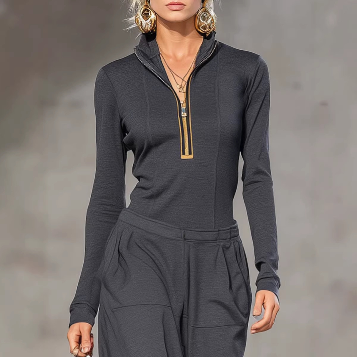 Women's Hooded Zip Solid Top & Wide-Leg Pocket Pants Two-Piece Set