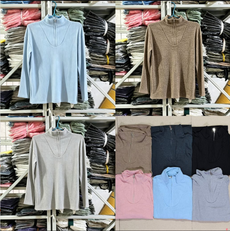 Women's Zip-Up Knit Pullover Sweater Long Sleeve Crew Neck