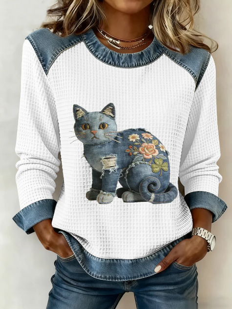 Women's Leopard Print Crewneck Sweatshirt Waffle Knit Long Sleeve