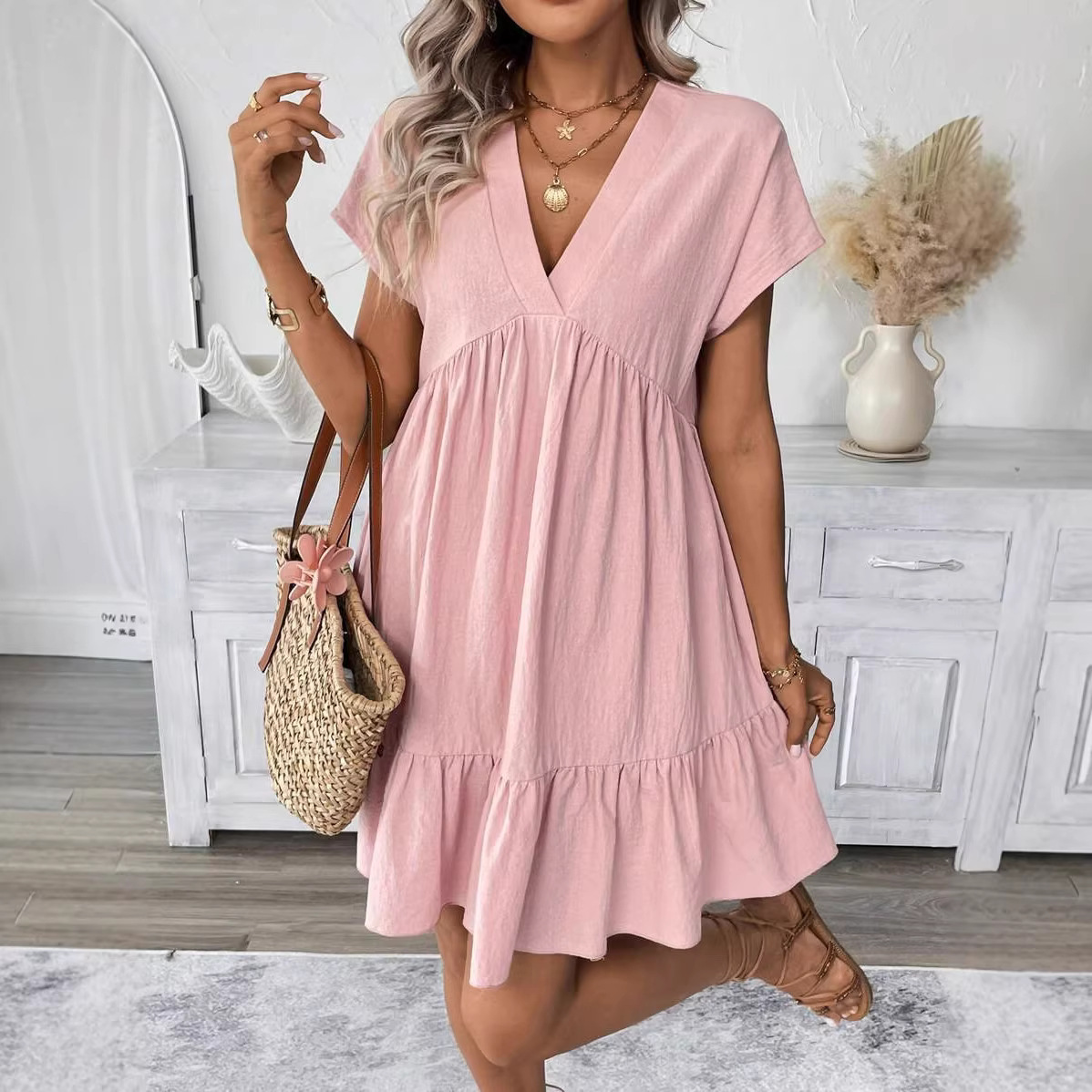 Women's Summer V-Neck Short Sleeve Ruffle Hem Babydoll Dress