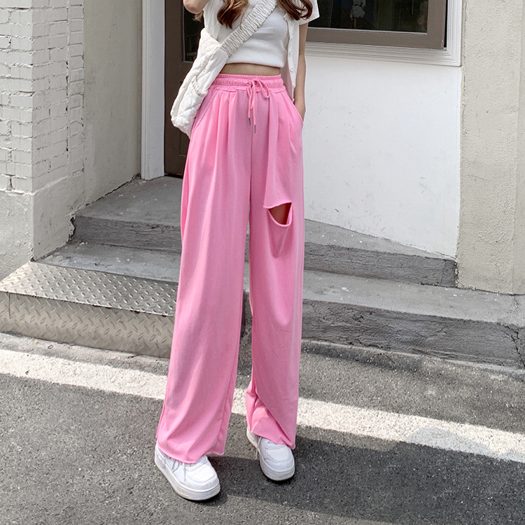 Distressed Gray Wide-Leg Sweatpants for Women High Waist Straight-Leg