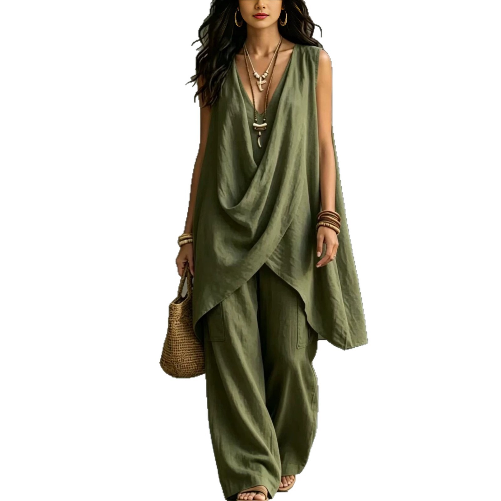 Women's Sleeveless Stand Collar Cotton Linen Two-Piece Set