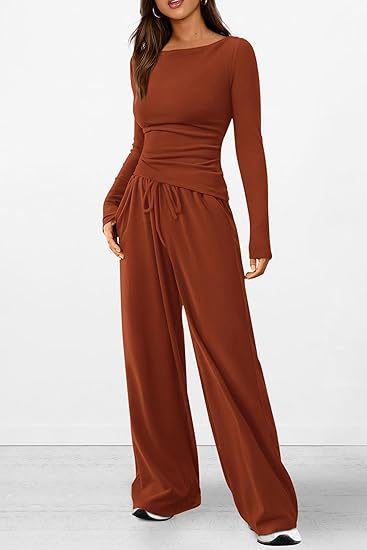 Women's Asymmetric Long Sleeve Top & Wide Leg Pants Set