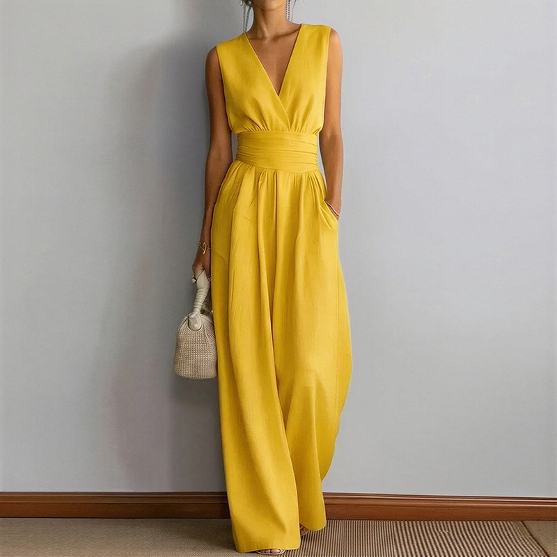 Elegant V-Neck High-Waist Wide-Leg Jumpsuit