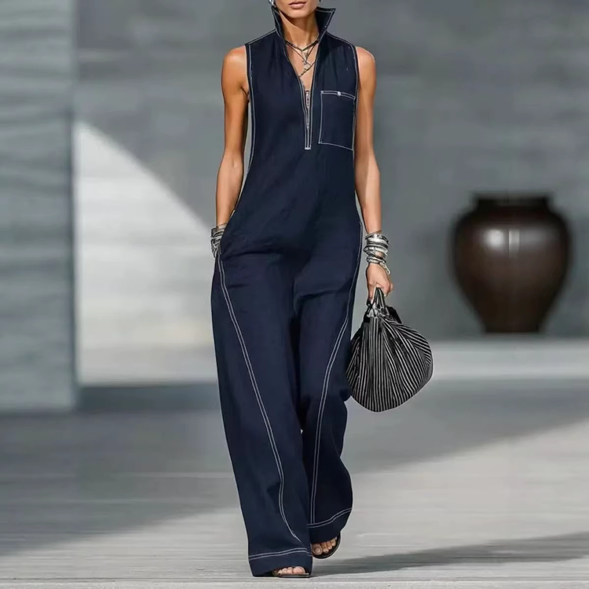 Women's Sleeveless Stand Collar Wide-Leg Jumpsuit