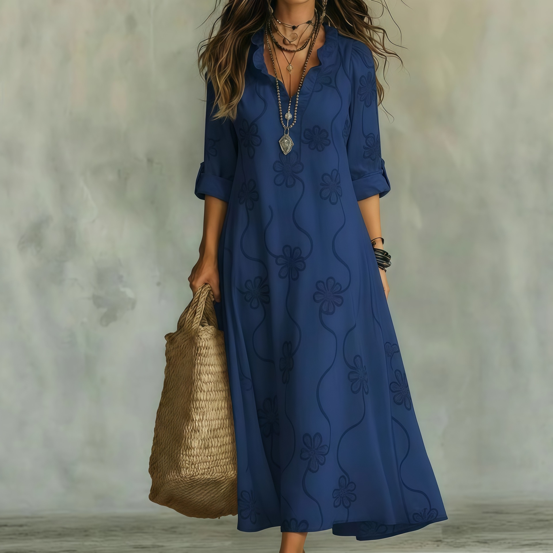 3D Digital Print Long Sleeve Plus Size A-Line Dress