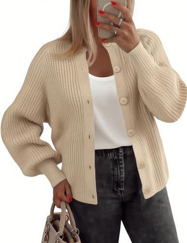 Women's Chunky Knit Button-Front Cardigan Sweater Long Sleeve Crew Neck
