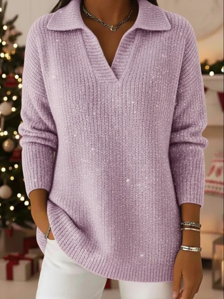 Shimmer Solid Color Long Sleeve Collared Knit Top