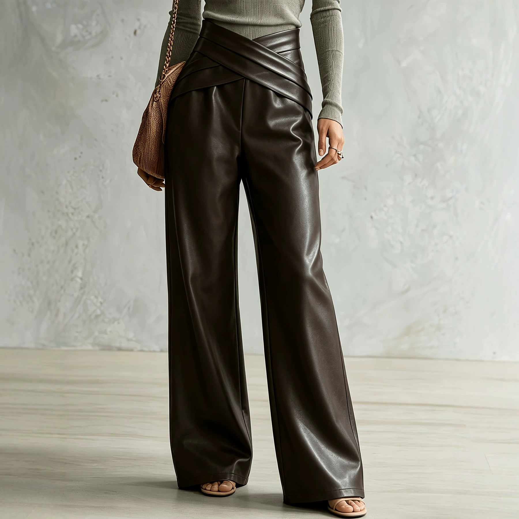 Cross-Wrap High-Waist Faux Leather Wide-Leg Palazzo Pants