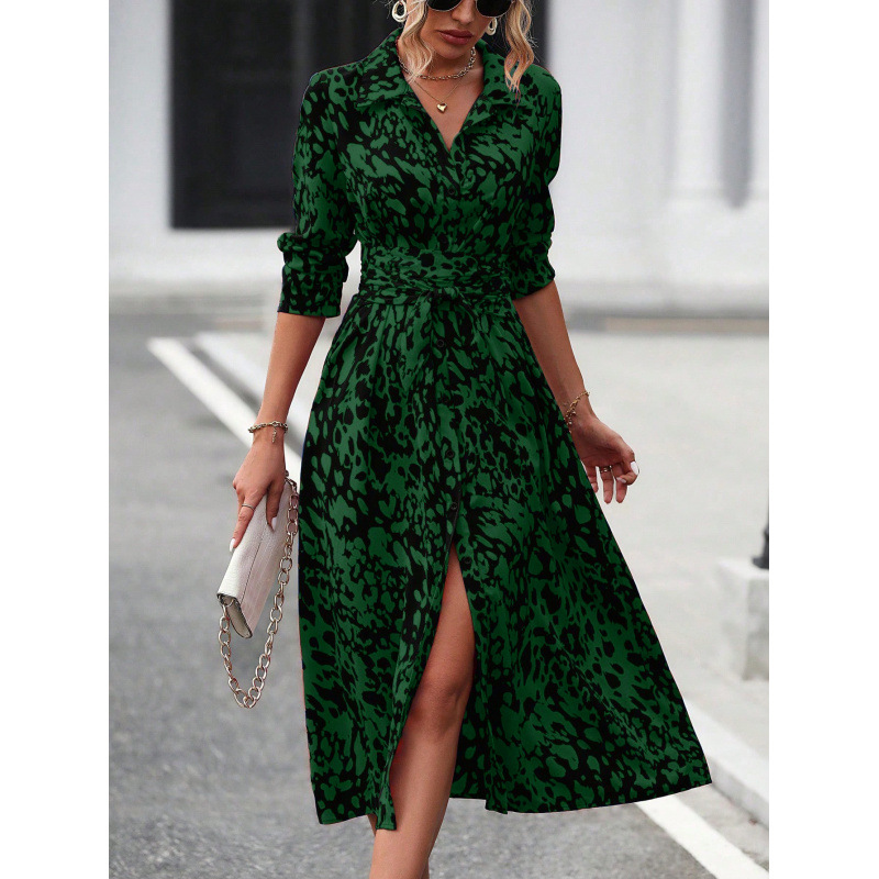 Printed Faux Suede Long Shirt Dress with Polo Collar