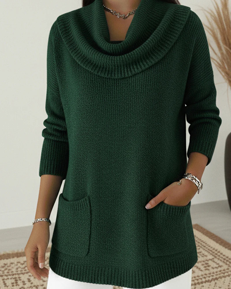 Women's Solid Color Pocket Long Sleeve Sweater
