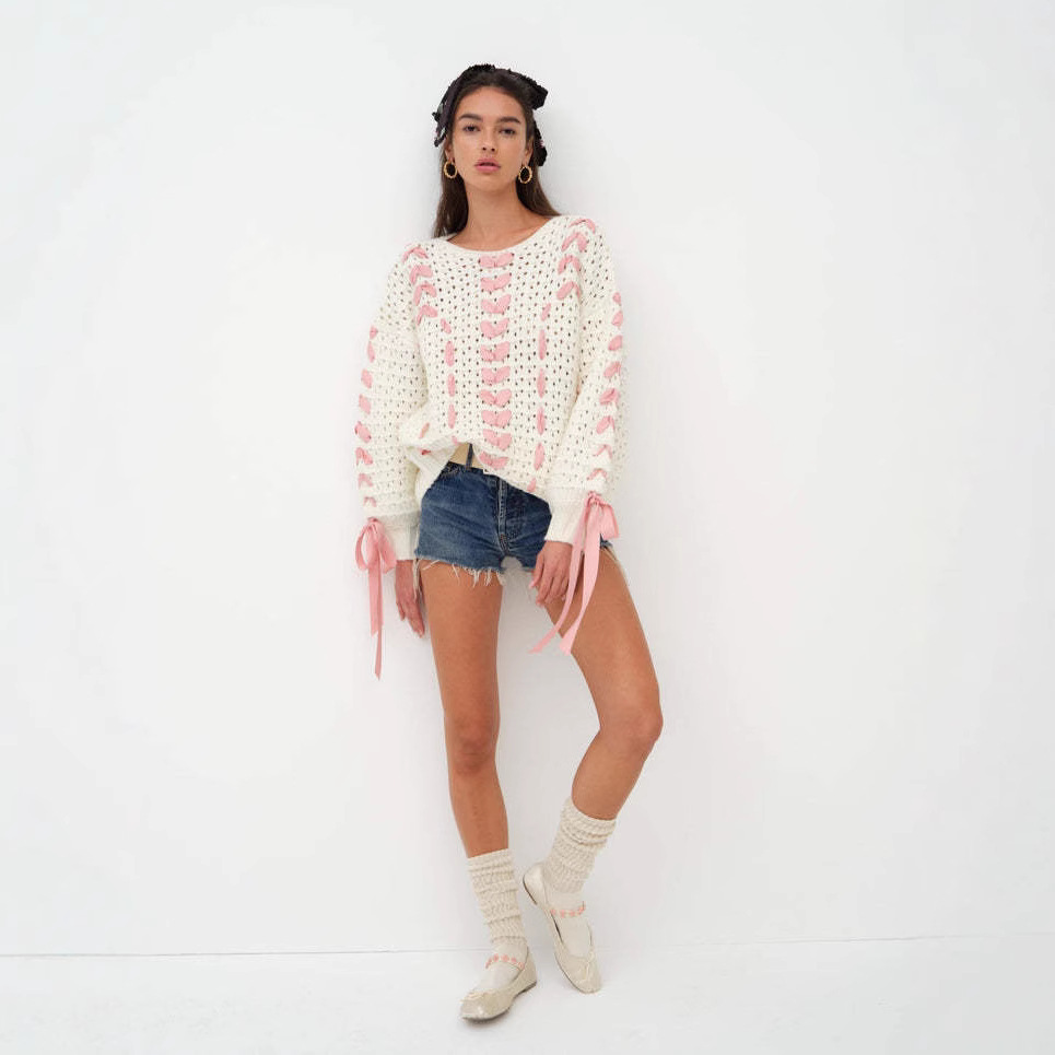 Ribbon-Trim Crewneck Sweet Pullover Sweater