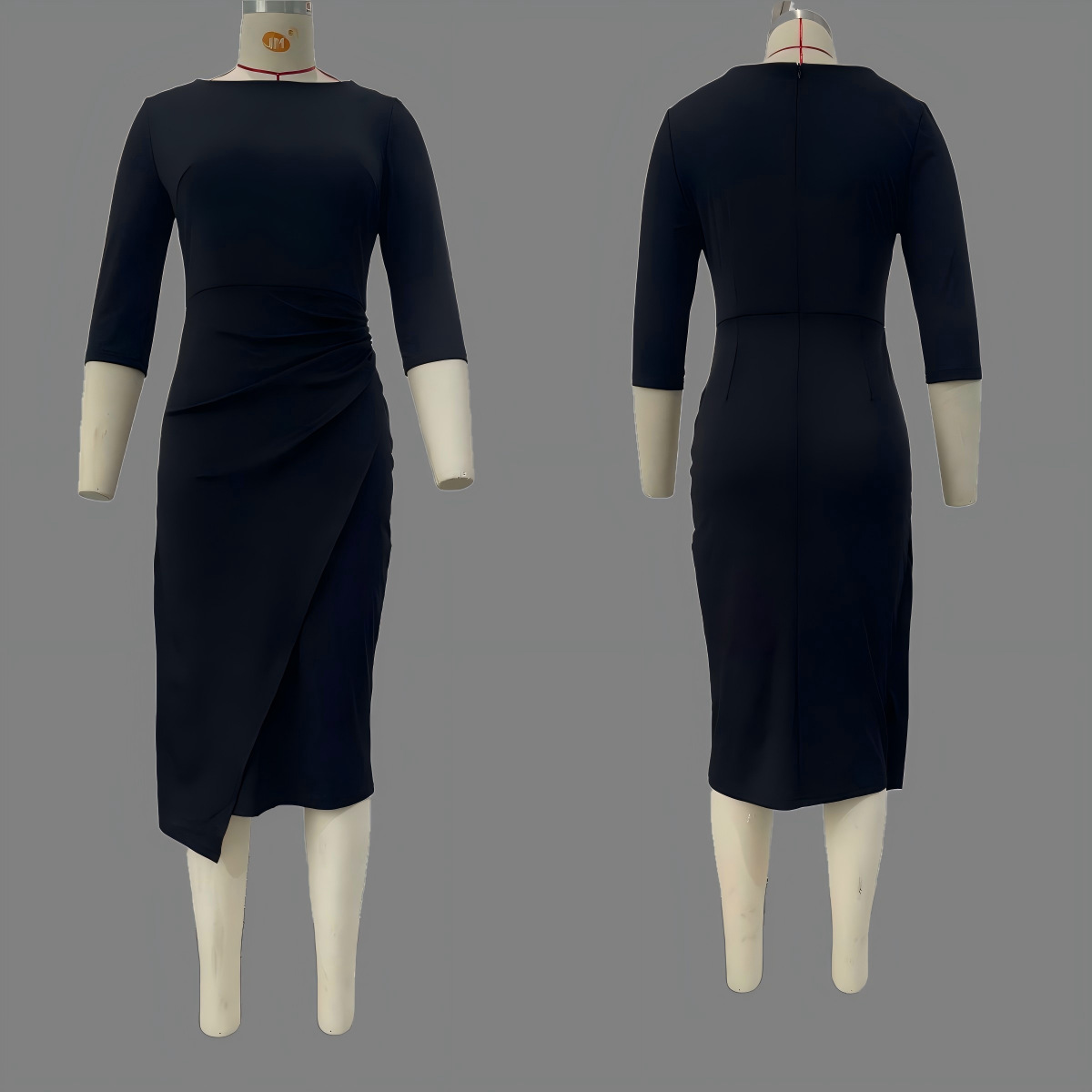 Slim Fit Pleated Midi Dress with Sleeves - Elegant Office Wear