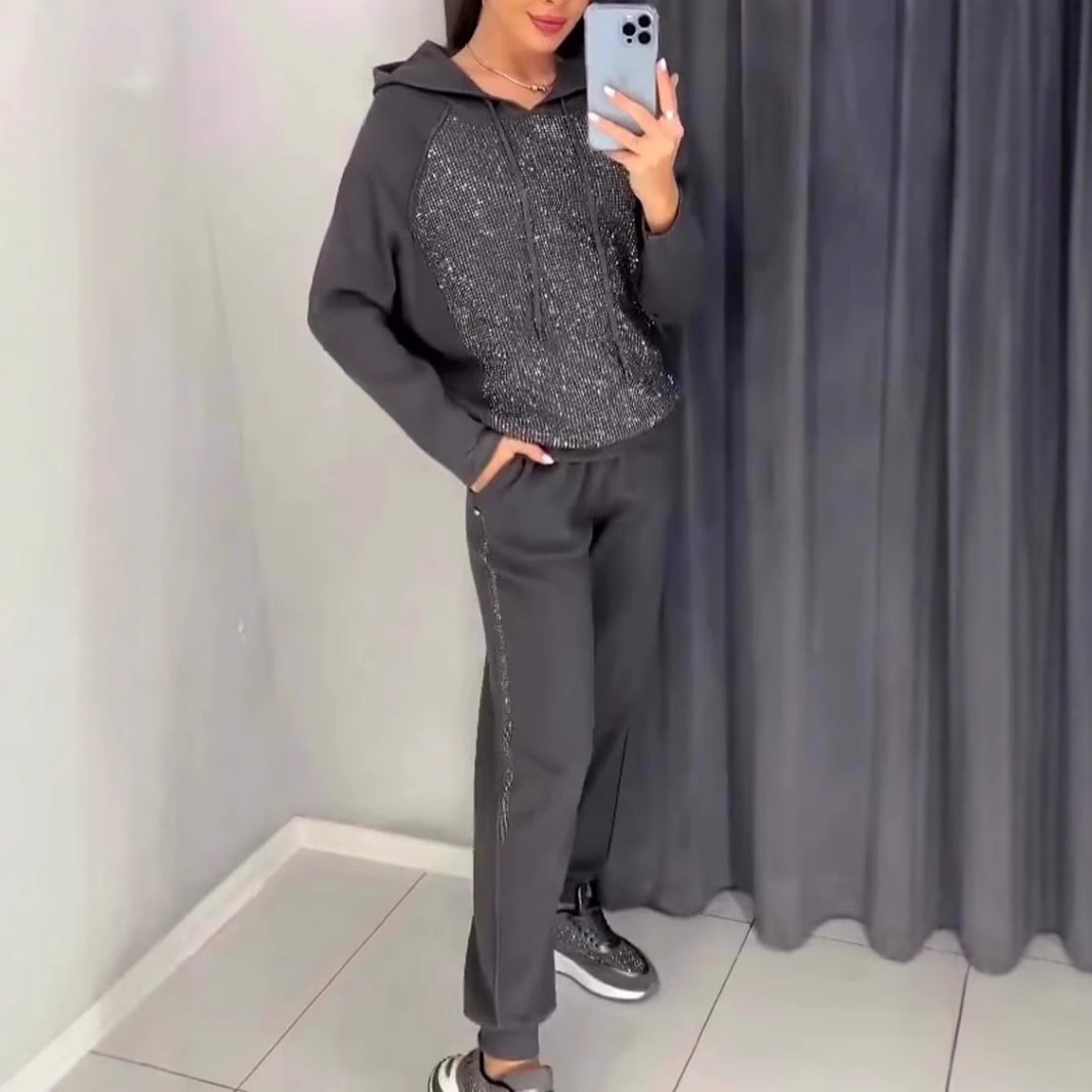 Women's Casual Hooded Rhinestone Sweatsuit with Pockets