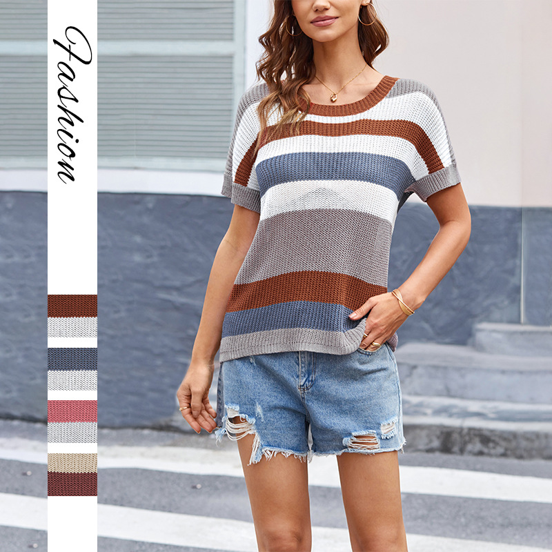 Rainbow Striped Short-Sleeve Knit Top Plus Size Loose Fit
