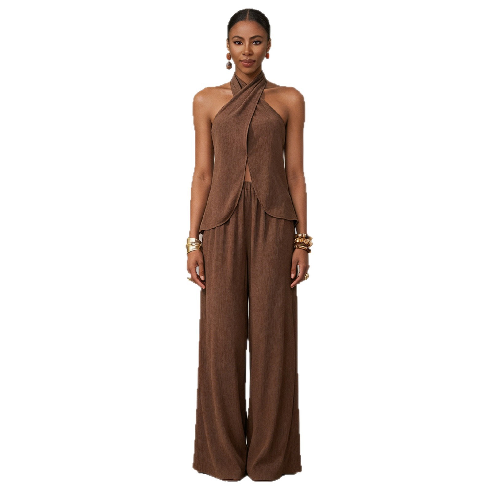 French Khaki Sleeveless Vest and Pants Casual Set
