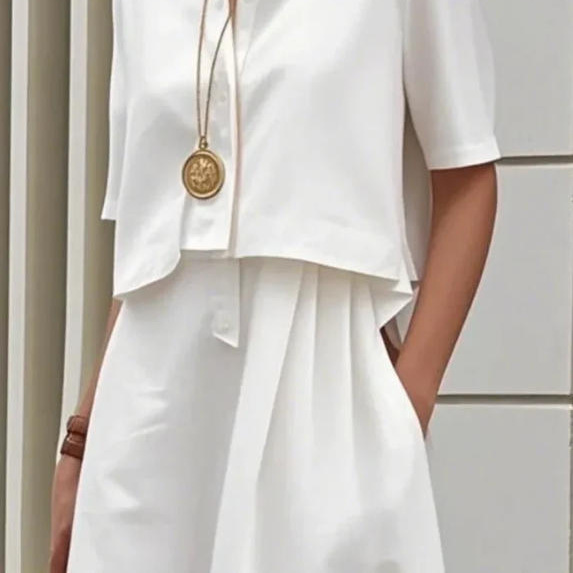 Women's White Elastic Waist Zip Pocket A-Line Cargo Dress Set