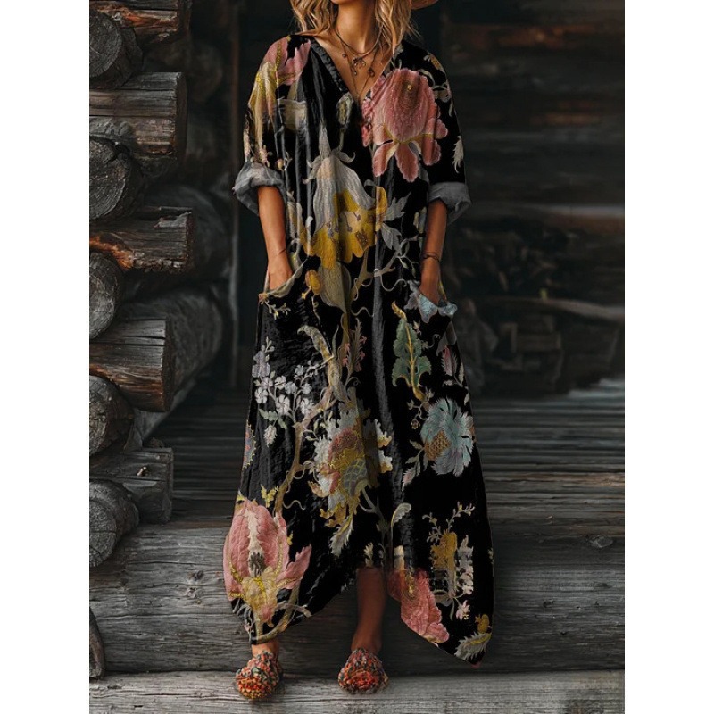 Women's Floral Ripple Print V-Neck A-Line Midi Dress Long Sleeve