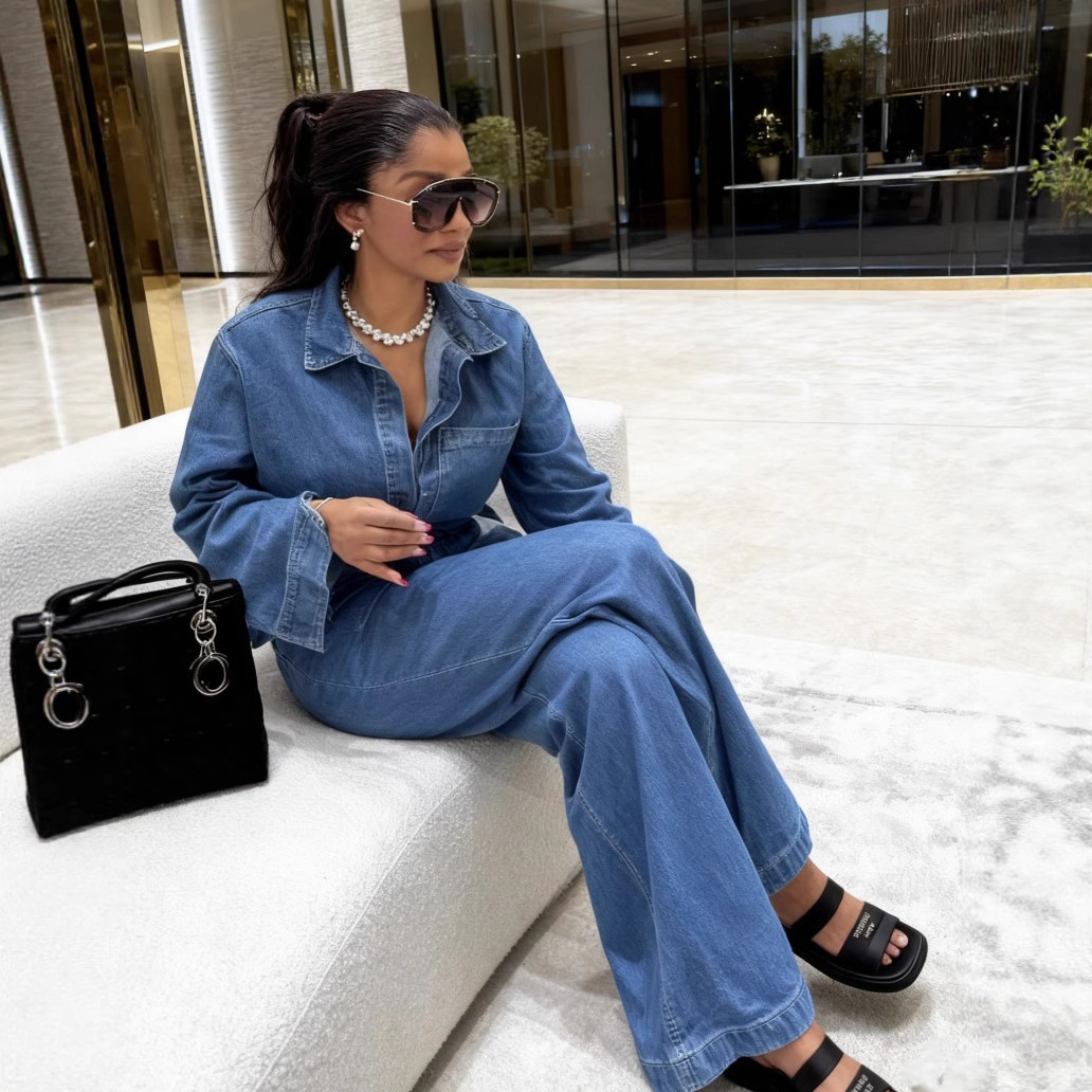 Women's Washed Blue Denim Top and Straight-Leg Pants Set