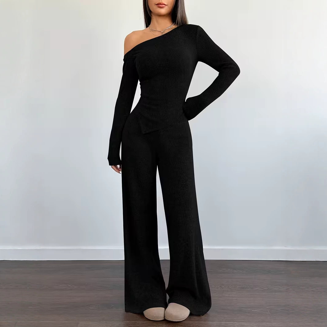 Women's One-Shoulder Knit Two-Piece Set Slim Fit Long Sleeve Top & Wide Leg Pants