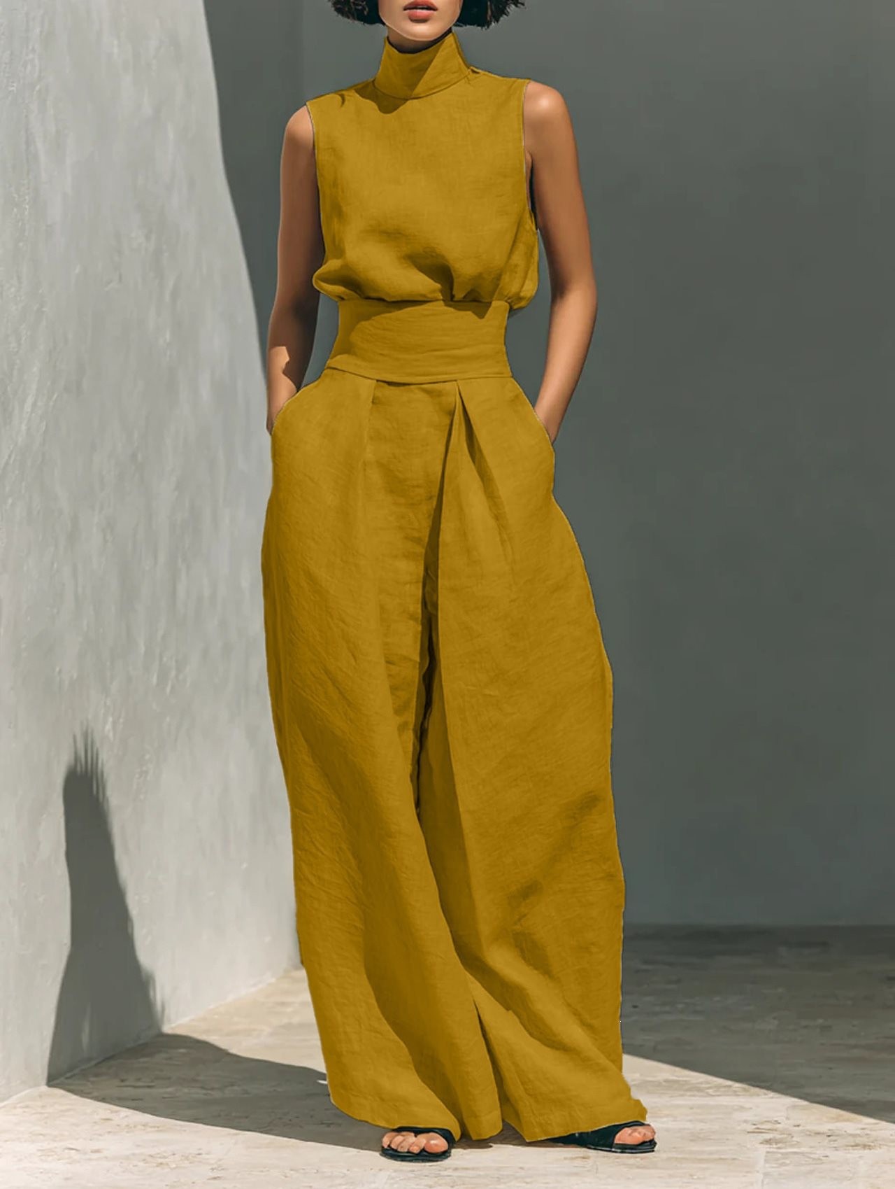 Women's Solid Sleeveless Top and Wide-Leg Pants Set