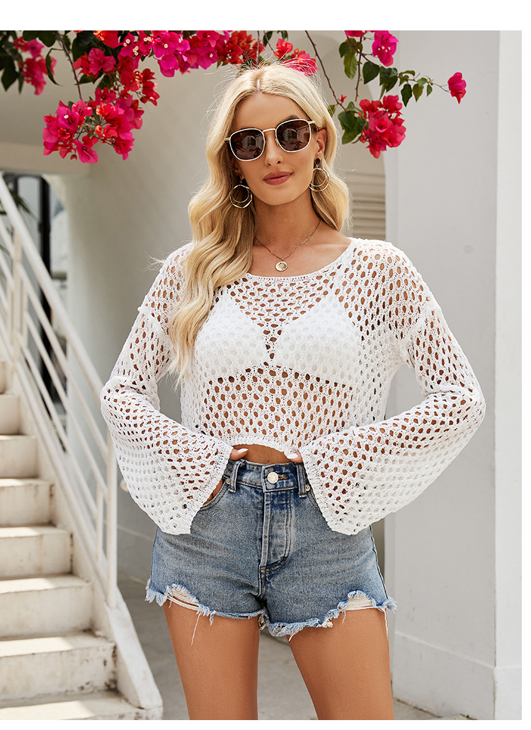Women's Hollow Out Mesh Knit Crop Top Long Sleeve Sheer Cover-Up