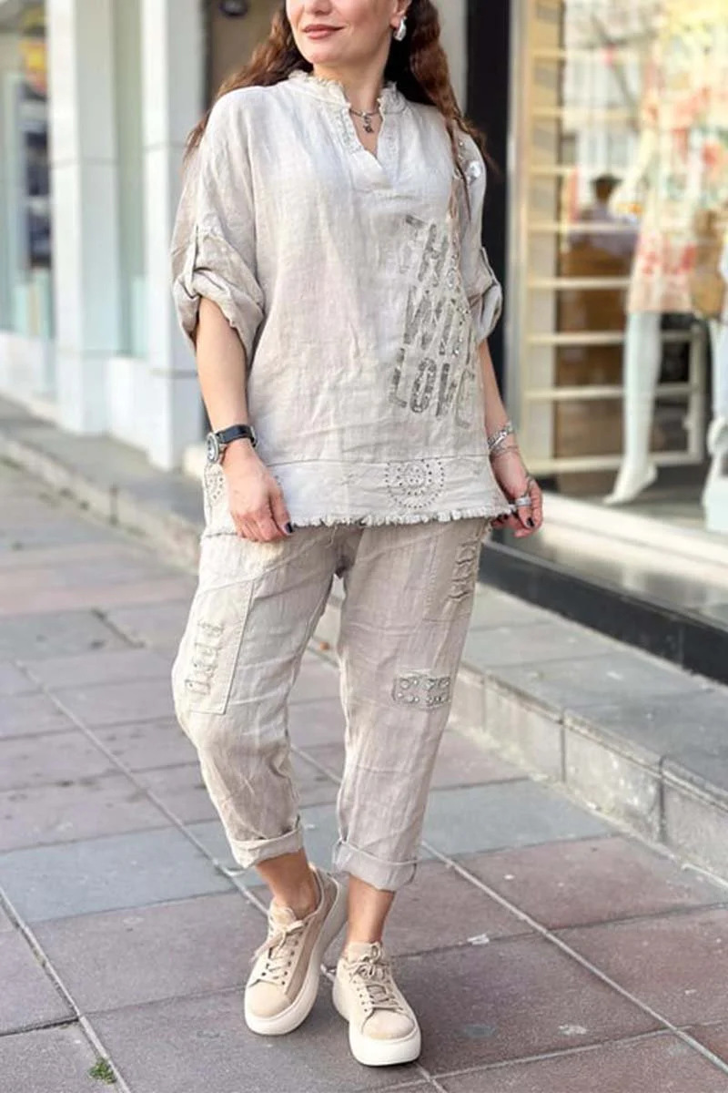 Letter Print Half-Sleeve Long Pants Loose Two-Piece Set
