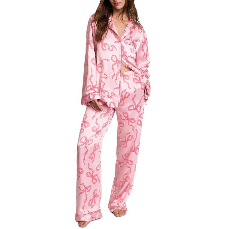 Cuban Collar Bow Ribbon Print Long Sleeve Women's Set