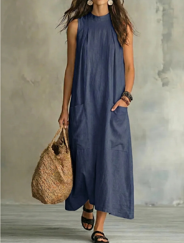 Elegant Linen-Blend Sleeveless Hollow-Out Maxi Dress