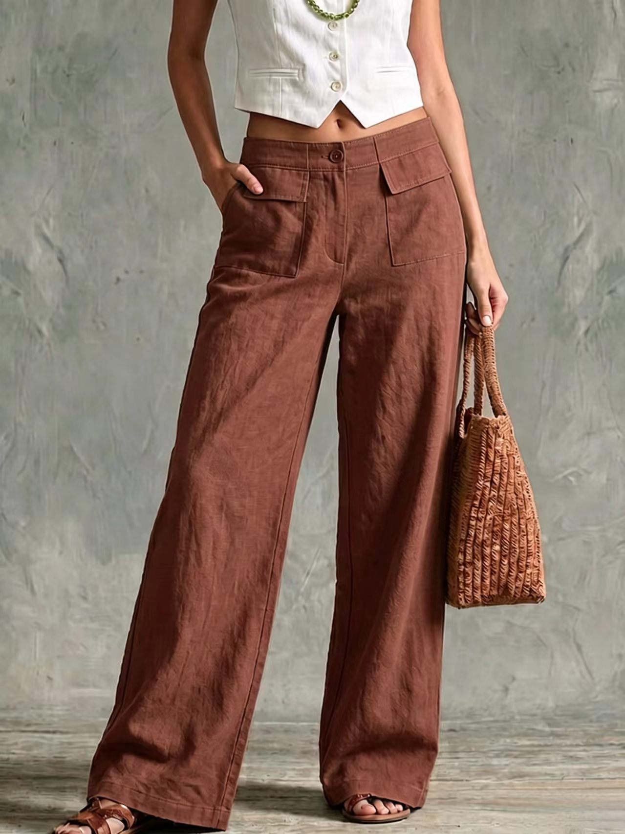 Women's Linen-Blend Wide-Leg Pants Solid Color High-Waist Casual
