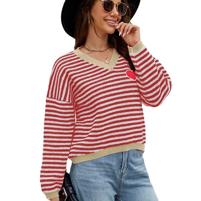 Heart Striped Color-Block V-Neck Knit Sweater
