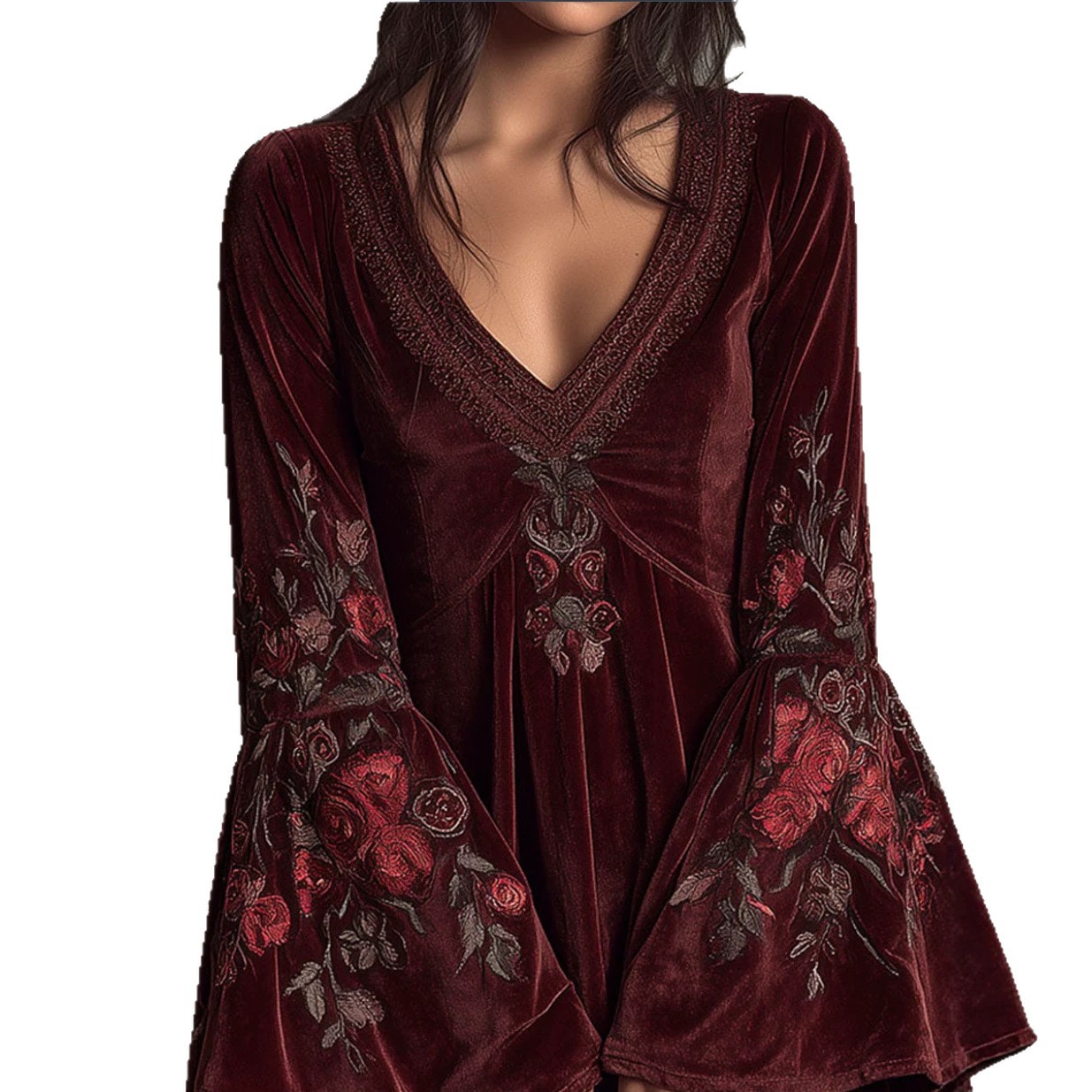 Bohemian Flare-Sleeve Wine Red Velvet Embroidered Mini Dress