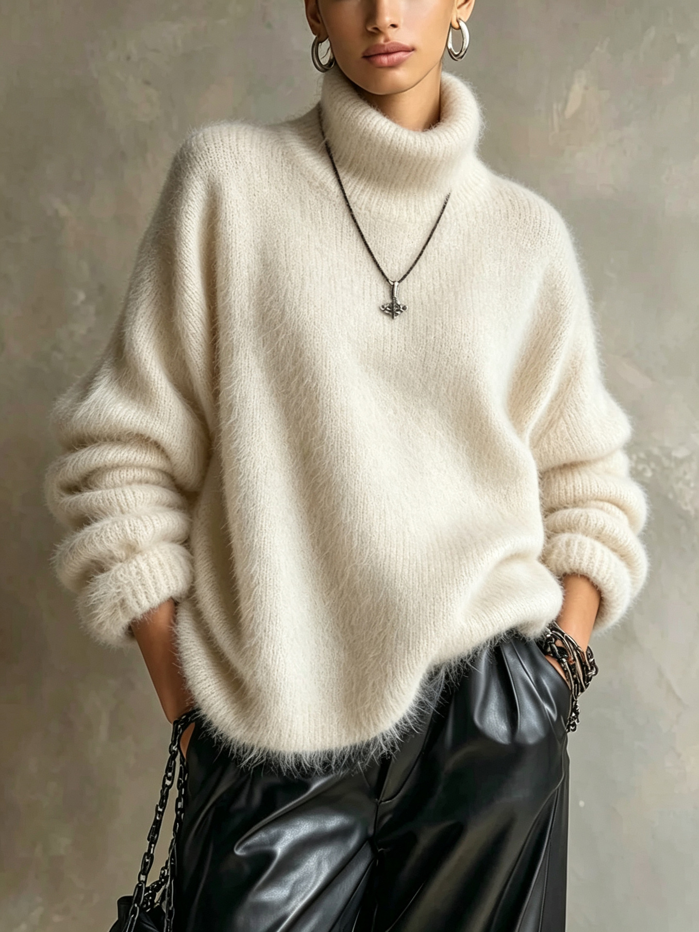 Women's Oversized Fuzzy High-Neck Knit Sweater