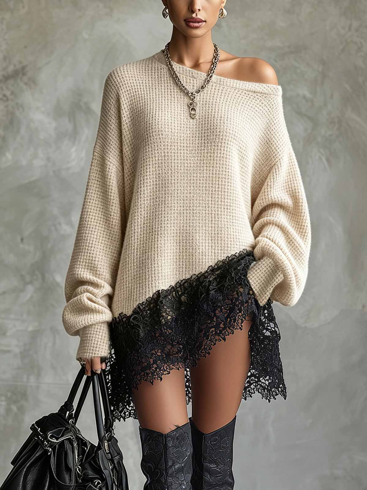 Women's Asymmetric Neck Lantern Sleeve Lace Panel Dress