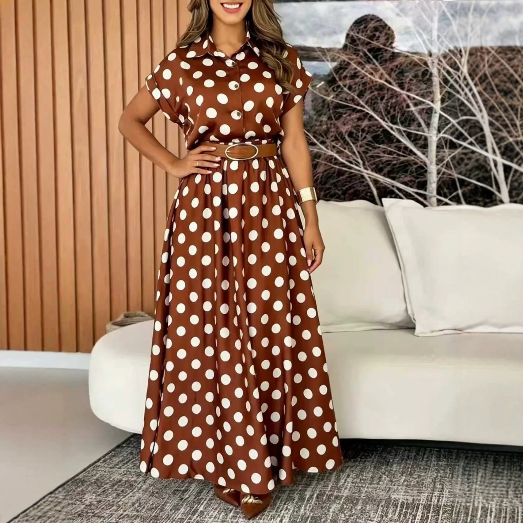 French Vintage Polka Dot Tie-Waist Midi Dress Coffee
