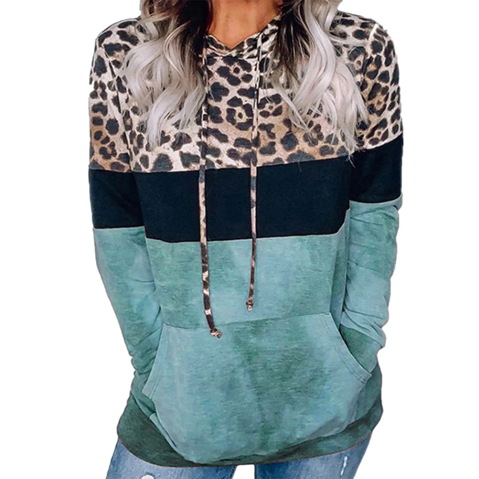 Women's Color-Block Leopard Print Hooded Sweatshirt