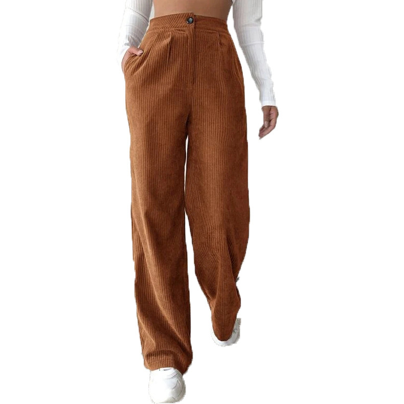 Women's High-Waist Corduroy Straight-Leg Pants Solid Color Casual Trousers
