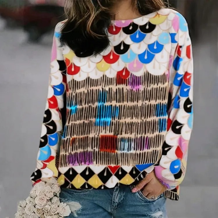 3D Print Women's Sweater Crewneck Pullover Casual Loose Long Sleeve Knit Top