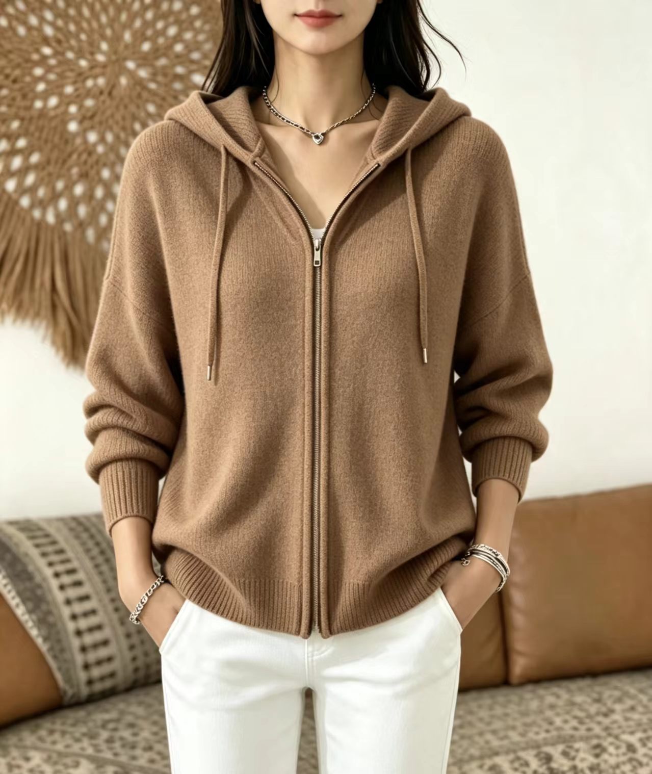 Women's Zip-Up Hooded Knit Cardigan Sweater