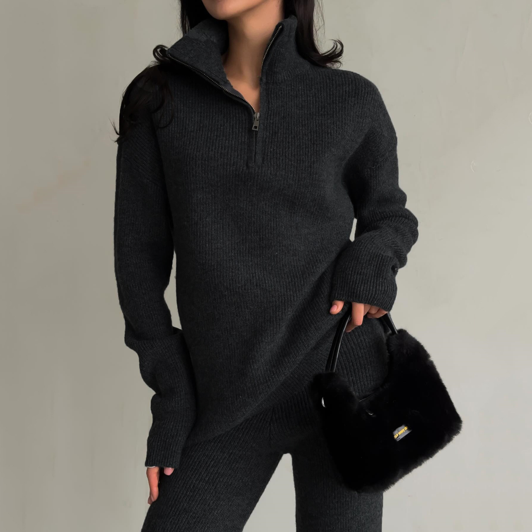 Women's Half-Zip Collared Knit Pant Set Casual Streetwear