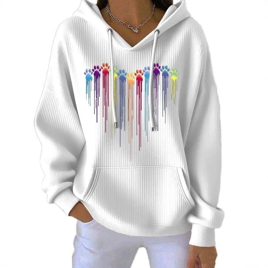 Women's Ribbed Knit Cartoon Print Hooded Long Sleeve Sweatshirt