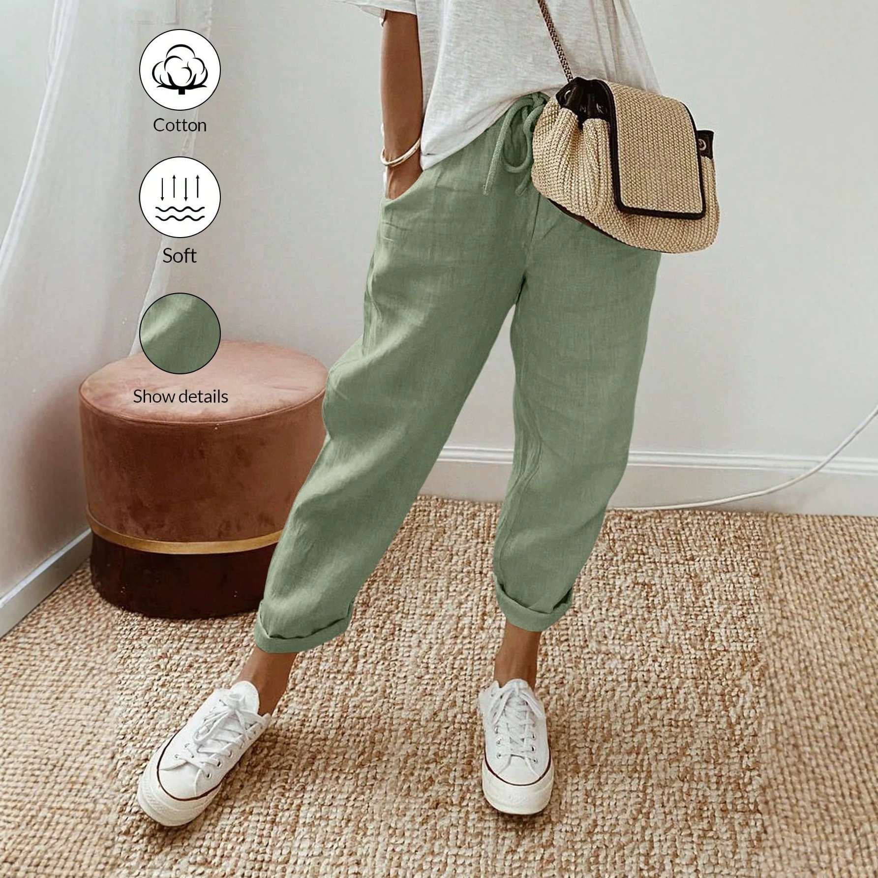 Cotton-Linen High-Waist Wide-Leg Cropped Pants Breathable Straight Tapered