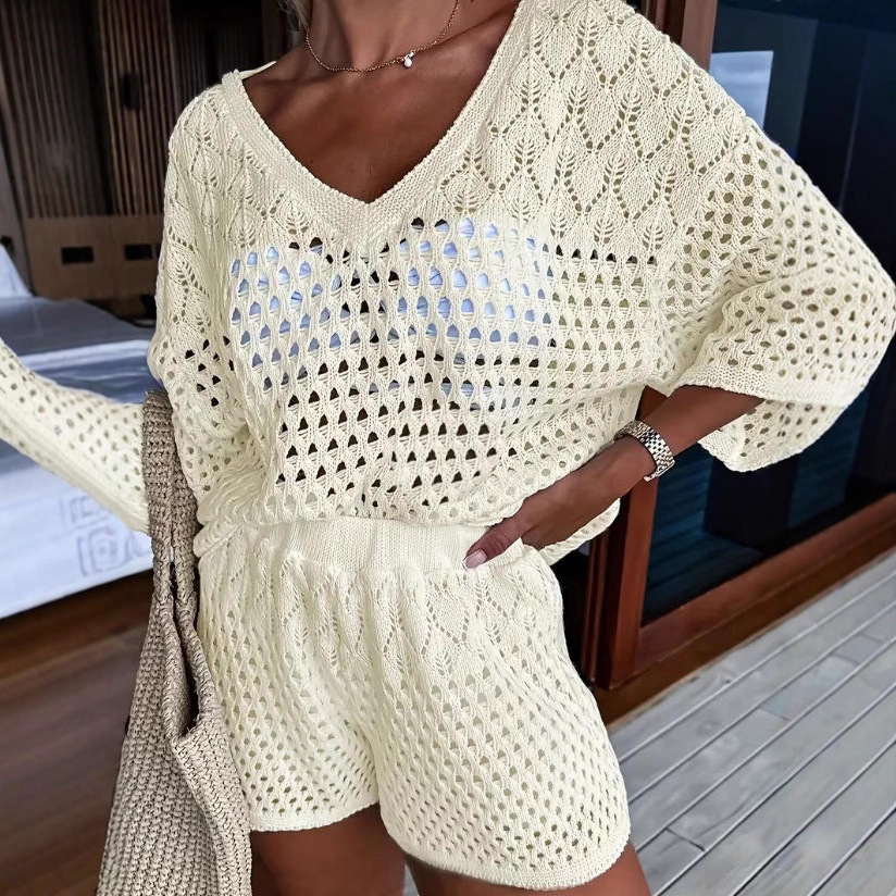 Women's V-Neck Hollow-Out Knit Two-Piece Set Casual Spring Summer