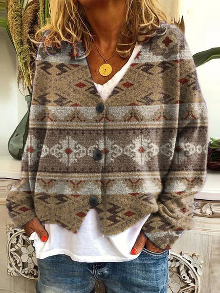 Printed Women's Cardigan Soft Knit Sweater Casual Poncho Coat